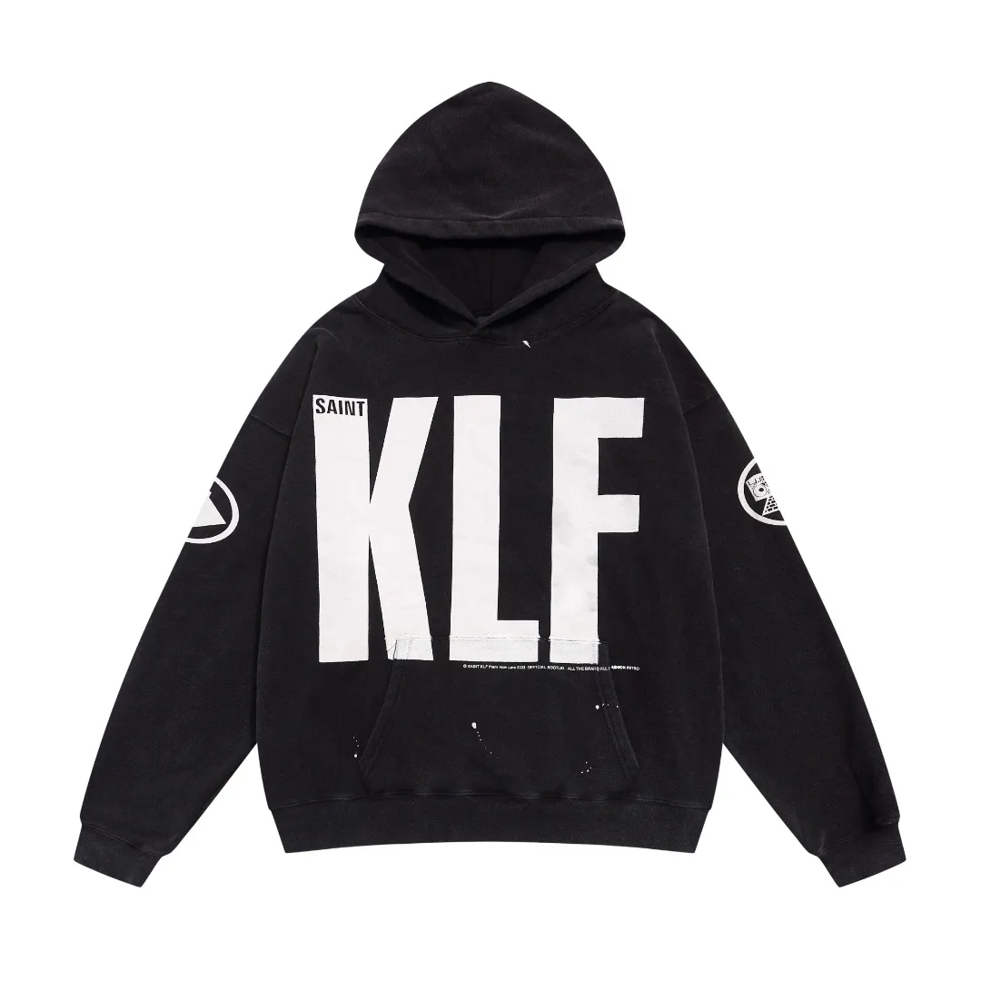 American fashion Saint Michael klf exhibition letters retro destroyed vintage washed and distressed hoodies for men and women Fabric: 420g Style number: SM629 Size: S-M-L-XL Color: Black Price: P236